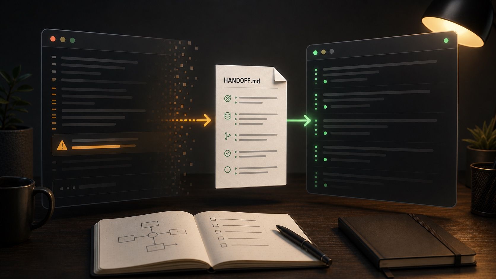 Handoff file bridging an old AI coding session to a fresh one