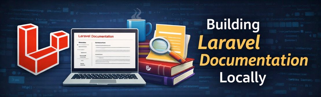 Laravel logo beside a laptop displaying Laravel documentation