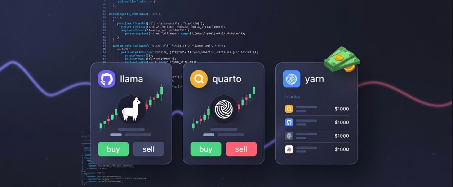 Repository trading cards with price charts and buy and sell buttons
